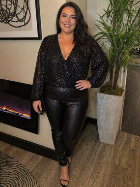 Gilli Black Sequin Bodysuit 1XL | Long Sleeve Glam Wrap Front Party Top Plus